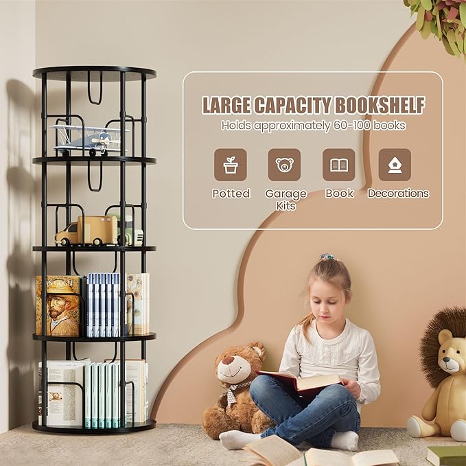 Flycity 4 Tier Rotating Bookshelf, 360° Corner Bookshelf Tower, Round Revolving Bookcase with Special Visible Partition Storage, Narrow Book Shelf Organizer for Living Room, Small Space, Black