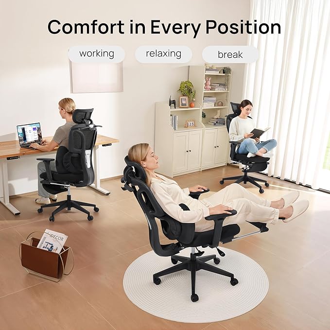 CabLady S1 Petite Ergonomic Home Desk Chair with Footrest and Headrest, High Back Fixed Lumbar Support with Detachable Pillow, Reclining Cute Office Chair for Women & Girls, 300 LBS Capacity