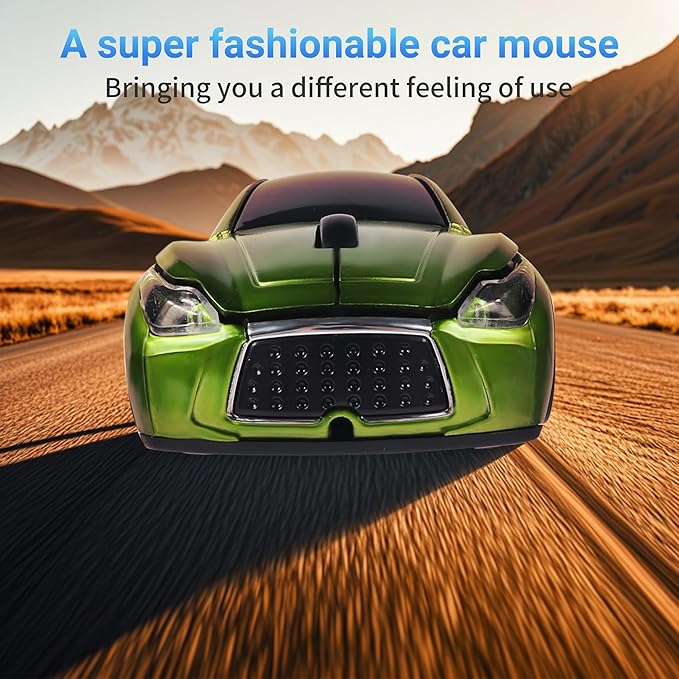 Elec Space Wireless Car-Shape Mouse With LED Headlights, 2.4G Unique for Kids, USB Receiver, 1600 DPI Cute Gaming for Laptop PC Computer - Green