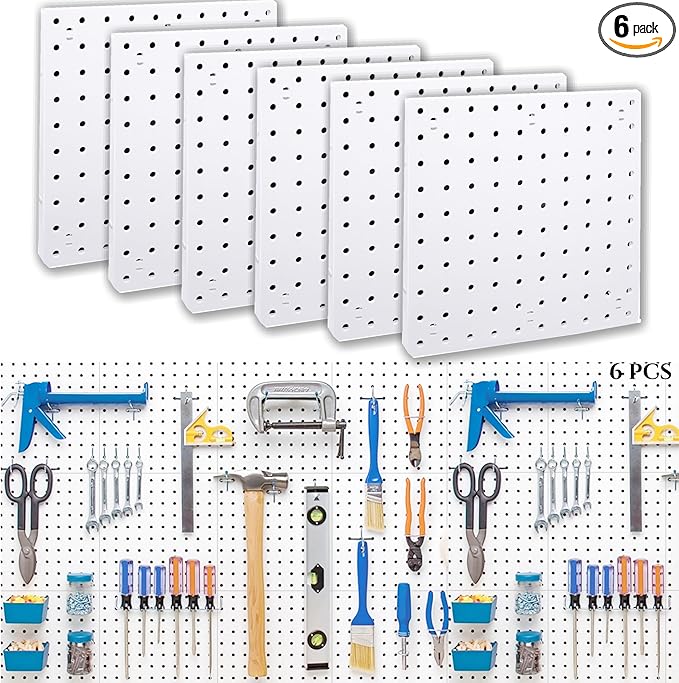 6Pcs Peg Board, Peg Board Wall Organizer Panels, White Pegboard Wall Mount, ABS Pegboard for Craft Room Garage Kitchen Workshop, ABS Peg Boards Easy Installation (White)