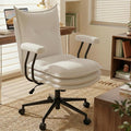 White Office Chair with Triple-Layers Thicken Wide Seat, Mid Back Leather Desk Chair with Wheels and Arms, Mid-Century Modern Computer Chair for Home Office