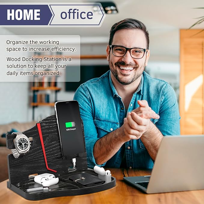 BarvA Wood Docking Station | Phone Stand & Desk Organizer | Night Stand Charging Station & Phone Holder | Compact Nightstand Organizer for Men's Accessories | Ideal Gifts for Men