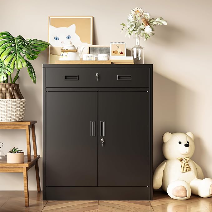 Metal Storage Cabinet with 1 Drawer, 36" H Locking Storage Cabinet, Metal Cabinets with Doors and Shelves for Home, School, Office, Garage, Black