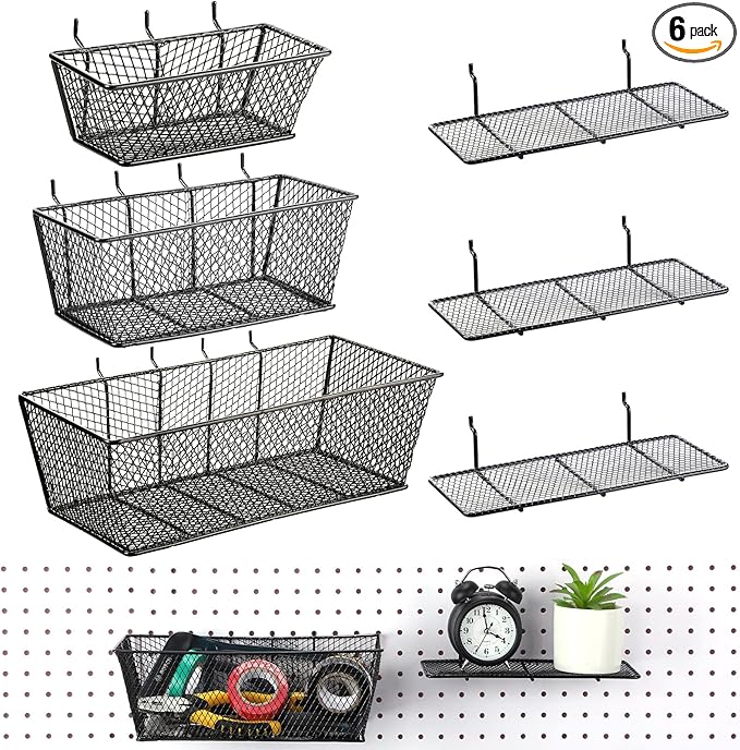 Sieral 6 Pieces Pegboard Baskets Wall Mount Wire Peg Board Baskets 3 Sizes Pegboard Accessories Slatwall Bins Basket Home Garage Hanging Organizer for Tools and Craft(Black)