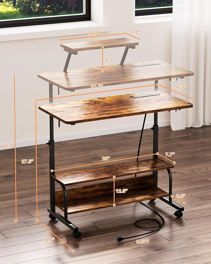 Height Adjustable Standing Desk with Power Outlets and LED Lights - 32" Manual Stand Up Desk with Monitor Stand and Storage Shelves Small Mobile Rolling Computer Desk Portable Laptop Table, Rustic