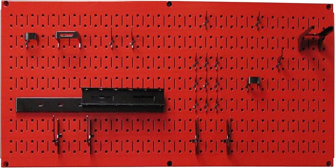 Wall Control Modular Pegboard Tool Organizer System - Wall-Mounted Metal Peg Board Tool Storage Unit for Wall Storage Tiling (Red Pegboard)