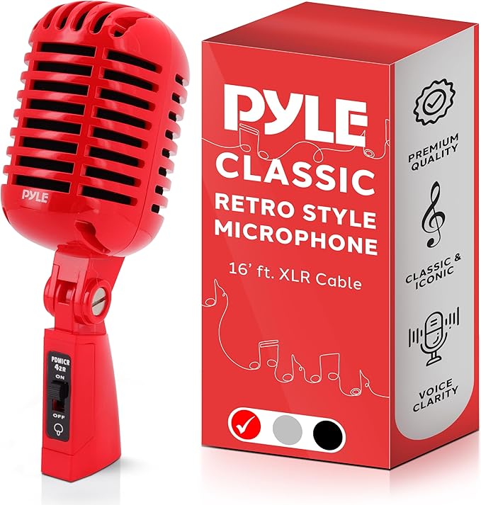 Pyle Classic Retro Dynamic Vocal Microphone - Old Vintage Style Unidirectional Cardioid Mic with XLR Cable - Universal Stand Compatible - Live Performance, In-Studio Recording - Pro PDMICR42R (Red)