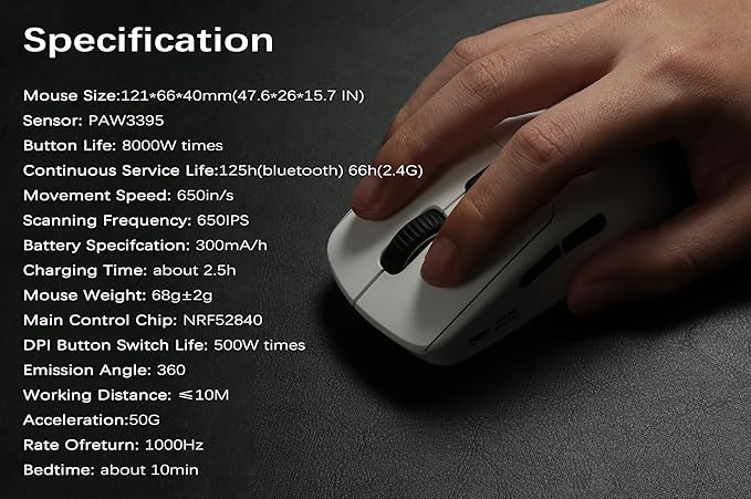 WAIZOWL OGM Pro Mouse 68g Lightweight Wireless Three-Mode Ergonomic Gaming Mice for Pc Gamer Computer PAW3395 Optical Sensor (Black Button)