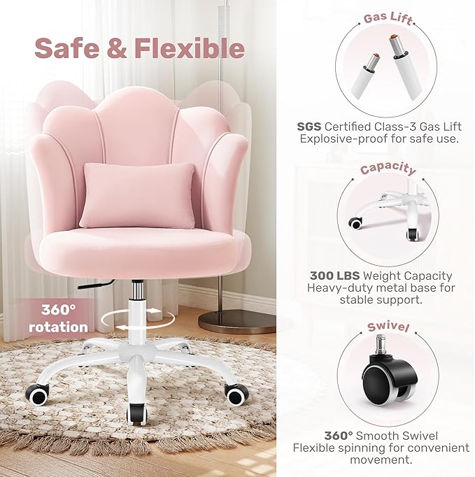 BestGlory Petal Vanity Chair with Wheels, 3.15" Extra Thick Comfy Makeup Chair, Adjustable Modern Swivel Armless Desk Chair for Girls Women, Aesthetic Small Office Chair for Bedroom Dorm