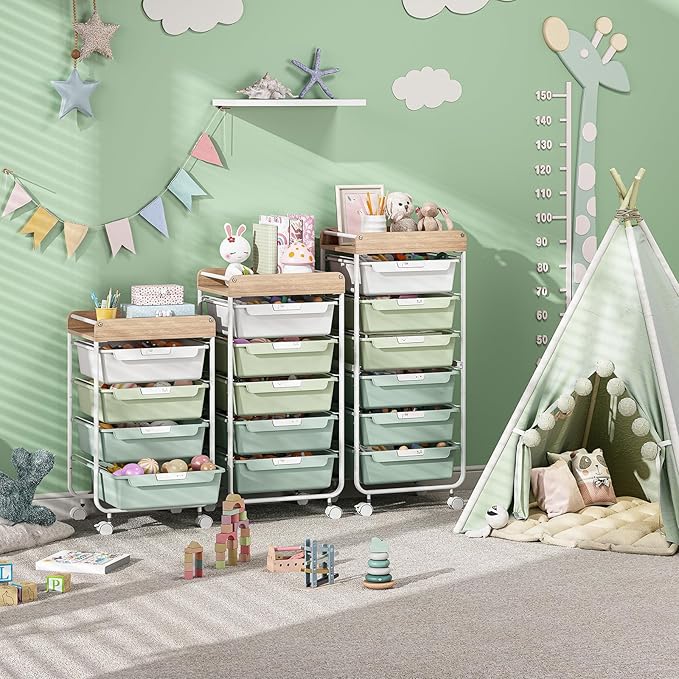 SYKIARIOL Rolling Storage Utility Cart with 5 Drawers,Craft Cart with Wheels,Makeup Organizer,Art Supply and Storage Wooden Tabletop,Green