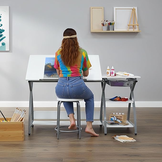 Deluxe Comet Craft Station with Stool, Adjustable Drafting & Art Desk with Storage Shelves, Pencil Ledge, Wire Mesh Drawer, 45° Tilting Top, Steel Frame, Silver/White