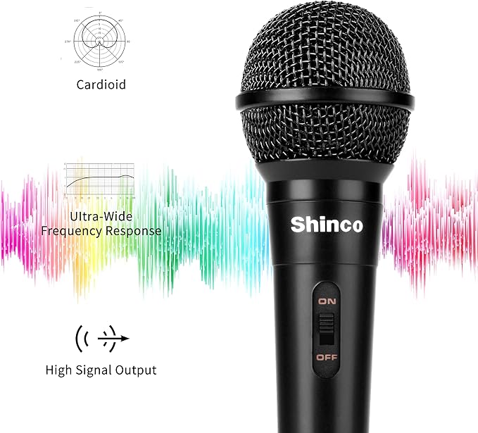 Shinco Handheld Mic, Cardioid Vocal Dynamic Microphone with 13ft Cable and ON/Off Switch, Plug-in Microphone for Karaoke Singing Machine, AMP, and Speaker