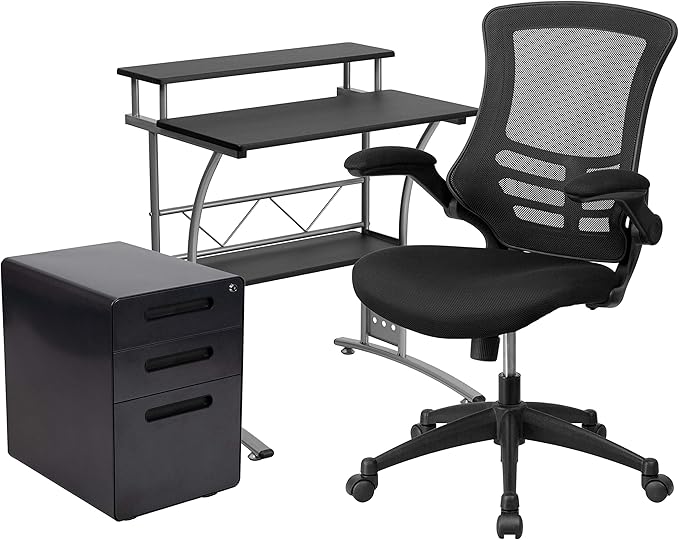 EMMA + OLIVER Work from Home Kit-Black Computer Desk, Ergonomic Office Chair, Filing Cabinet