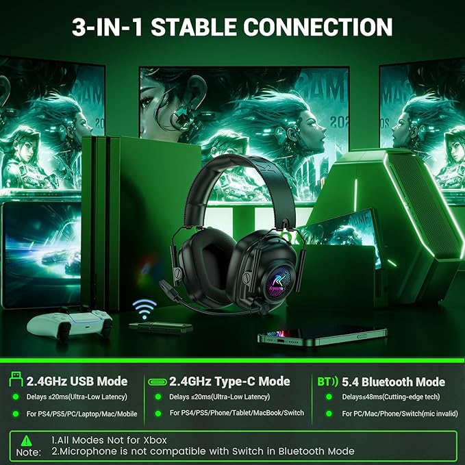 Krysenix 2.4 GHz Wireless Gaming Headset for PC, PS5, PS4, Switch, Mac, Bluetooth 5.4 Gaming Headphones with Noise Canceling Microphone, Cool RGB Lighting, 50Hr Battery, Foldable, 50mm Drivers-Black