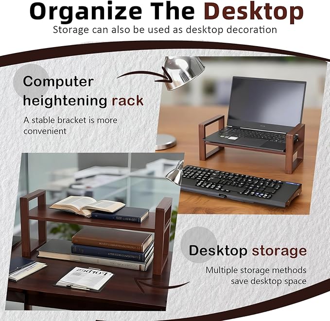 Desk Shelf, 100% Solid Wood Adjustable Desktop Bookshelf, No Tools, Nails or Glue Required for 130lb Load Capacity for Living Room, Office, Books, Cookbooks, Interlocking Joints Walnut Colour