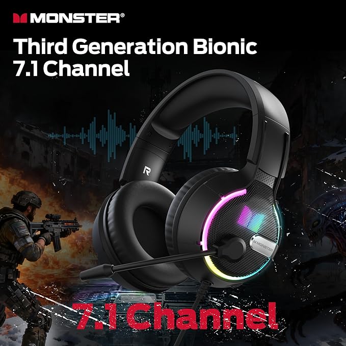 Monster Mission 320 Gaming Headset for PS5, PS4PC,Switch,Noise Cancelling Over Ear Headphones with Mic, LED Light, 7.1 Surround Sound,Gifts