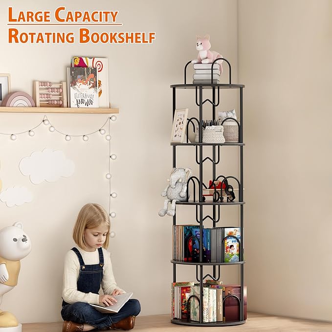 4 Tier Rotating Bookshelf, 360° Spinning Bookshelf Tower, Narrow Corner Book Shelf, Revolving Bookcase Corner Tall Book Shelf for Small Spaces, Bedroom, Living Room, Black