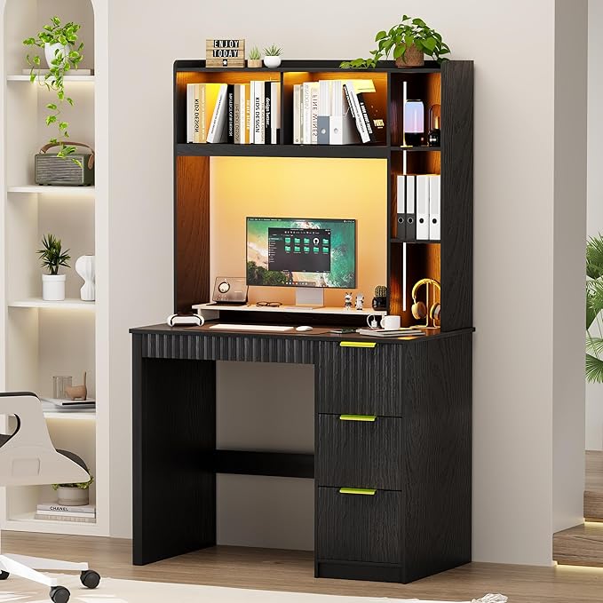 WOOVIVS Home Office Desk with Hutch & LED Lights - 39" Computer Desk with Charging Station, 3 Large Drawers, Hidden Compartment & Fluted Panel Design,Black Writing Desk for Bedroom, Study