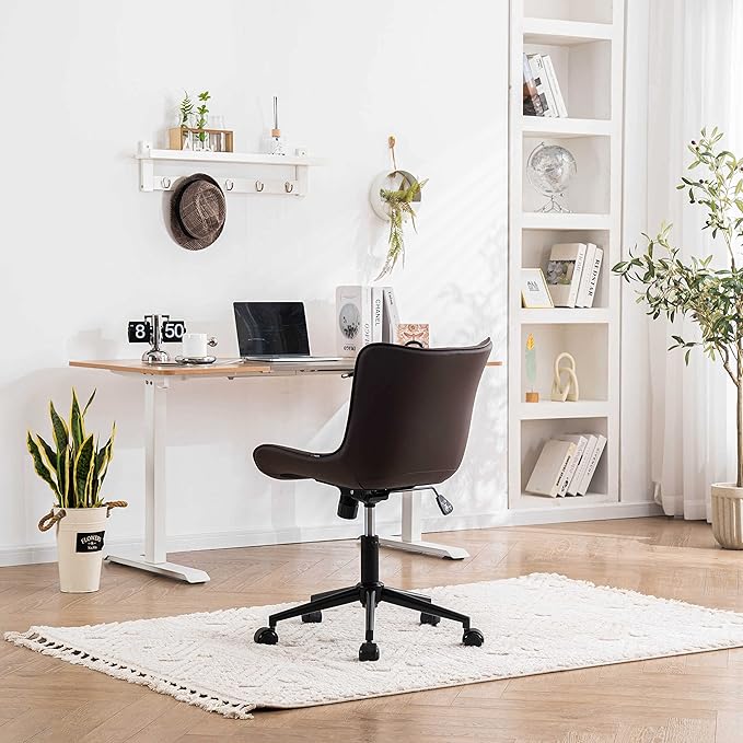 YOUNIKE Brown Ergonomic Home Office Desk Chair with Wheels Comfy Armless Vanity Chair with Back Modern Leather Upholstered Rolling Task Chair Small Cute Computer Drafting Chair Wide Swivel Adjustable