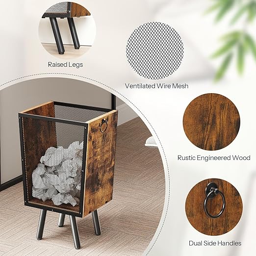 HOOBRO Trash Can, 4.5 Gallon Wastebasket with Pull Rings & Legs, Small Garbage Can for Office, Bedroom, Under Desk, Rustic Brown and Black, BF07LJ01