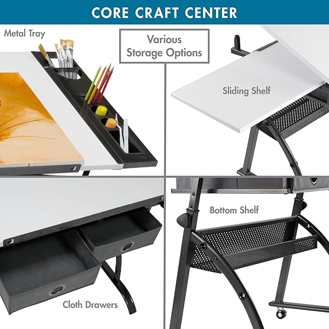 SD Studio Designs Core 2 Pc Craft Center - 35.5" W Angle Adjustable Drafting Table with Cloth Drawers, Side Shelf and Stool