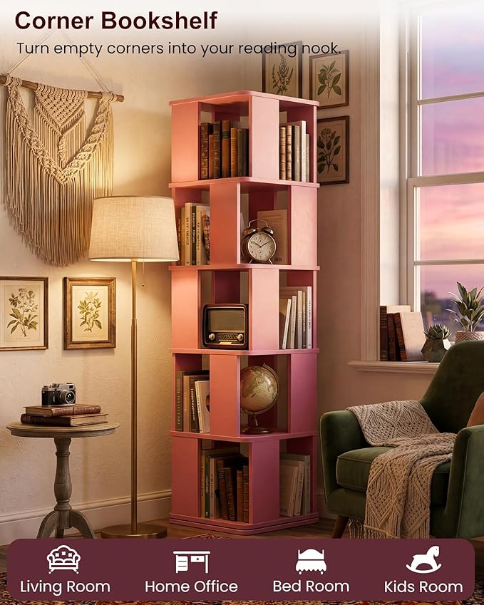 Foxemart 5-Tier Rotating Bookshelf Tower, 360° Spinning Modern Book Storage Bookcase, Stable Display Corner Book Shelf for Kids Room, Living Room, Bedroom, Home Office, Pink