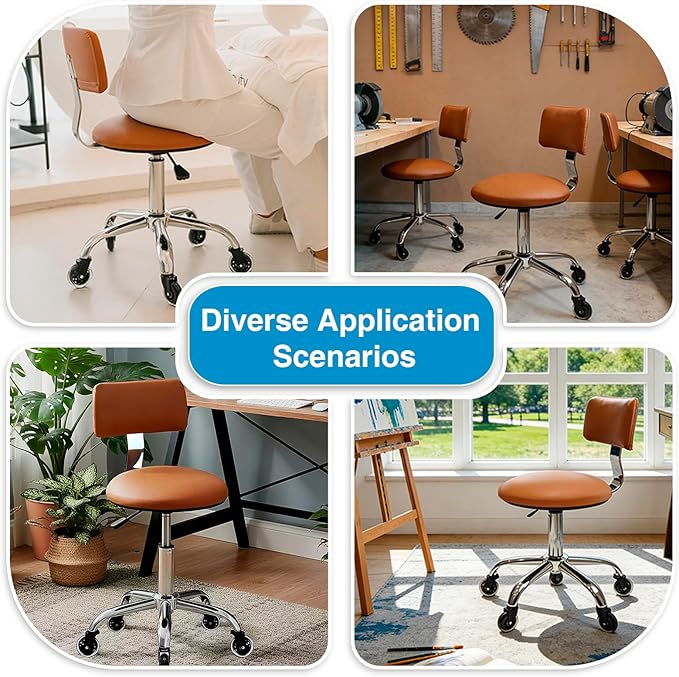 Rolling Stool Chair with Wheels, Office Drafting Chair with Back Support, Height Adjustable Standing Desk Stool with PU Leather Cushion for Home Office Kitchen Vanity Spa Garage Tattoo Dentist(Camel)