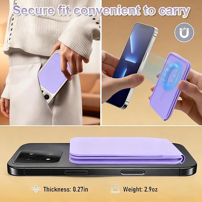 Magnetic Phone Stand, Compatible with All Smartphones 17/16/15/14/13/12 Series, Slim PU Leather Desk Stand with Multi-Angle Adjustment, Portable & Includes 1 Strong Magnetic Ring for Any Phone(Purple)