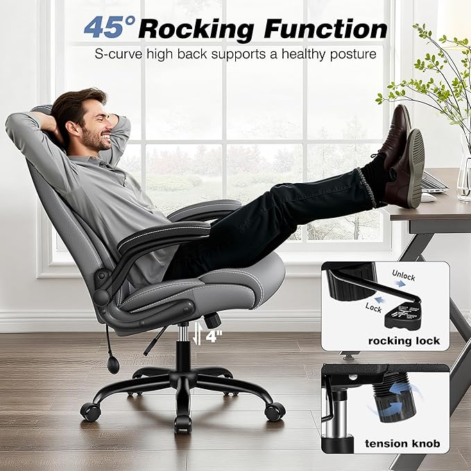BESTFAIR Ergonomic Office Chair - Desk Computer Chair, Leather High Back Executive Chairs with Adjustable Lumbar Support & Flip Up Arms, Gray 6 Pack