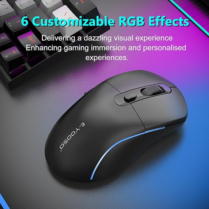 E-YOOSO Wireless Gaming Mouse, 10,000 DPI, Tri-Mode 2.4Ghz/Bluetooth/USB-C Wired, RGB Backlit, 6 Programmable Buttons, Ergonomic Rechargeable Gamer Mice with PC, Mac, PS, Xbox - Black