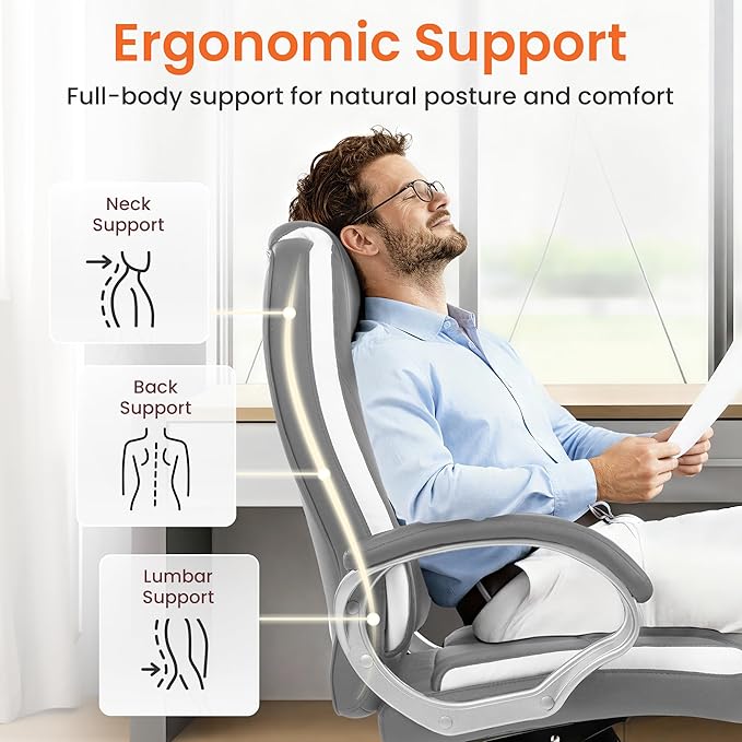 NEO Chair Office Desk Ergonomic Gaming Computer Chair High Back Adjustable PU Leather with Lumbar Support, Swivel Rolling Wheels, Executive Managerial Task Chair (Grey)