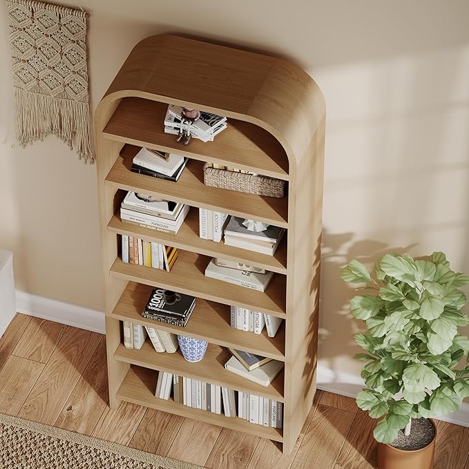 LEVNARY 70" Tall Arched Bookcase, 7-Tier Freestanding Storage Cabinet with Adjustable Shelves, Thick MDF Bookshelf for Bathroom Living Room Bedroom (Natural)