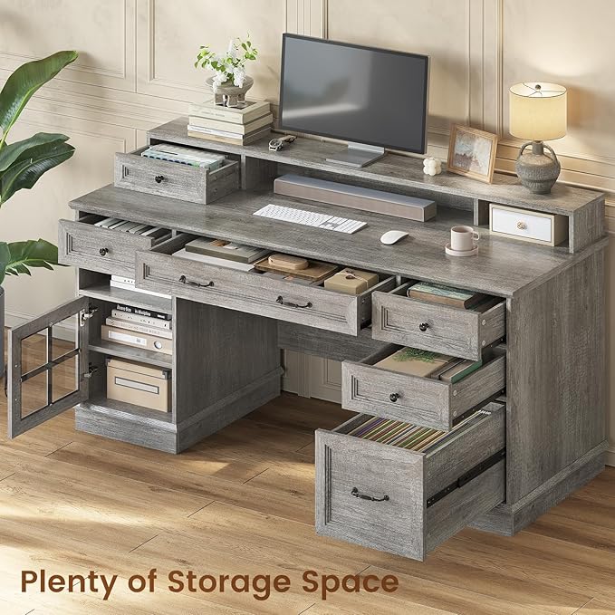 HAUOMS Farmhouse Executive Desk with Drawers Computer Desk with File Drawers, Power Outlet and Led Lights, Executive Office Desk with Storage Cabinet and Monitor Shelf for Home Office, Grey