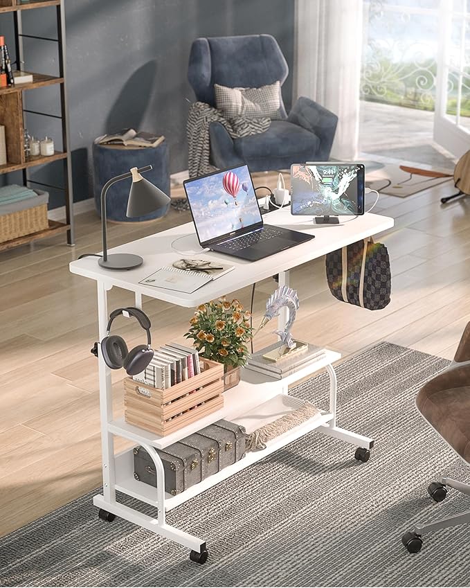 Armocity Rolling Standing Desk with Power Outlets, 32" Manual Height Adjustable Mobile Computer Desk with Wheels, Small Portable Sit Stand Laptop Couch Table for Bed & Sofa Home Office, Whtie
