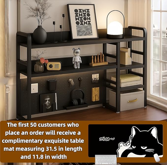 Desktop Bookshelf, pegboard Storage and Organization Rack, Dorm Desk Shelf, Desk Hutch, Desktop Storage for Office, Study, Student Display Rack,Desktop Shelves (Black 45.3" Lx9.9 Wx37 H)