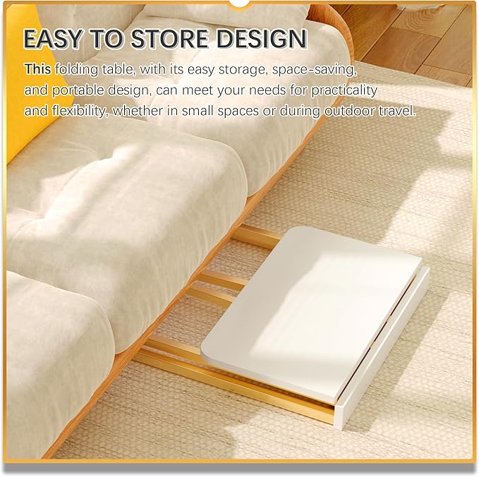 4NM 23.6" Mobile Small Folding Desk, Foldable Rolling Computer Home Office Desk, Study Writing Table for Small Space Saving Bedroom, with Wheels - White and Gold