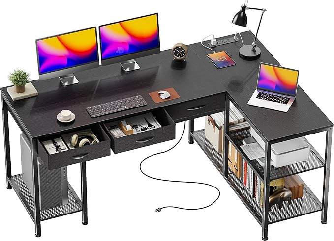 PRAISUN 55 Inch L Shaped Office Desk with Power Outlets and Type-C Port, Large Computer Gaming Desk with 3 Fabric Drawers, Mesh Shelves, Corner Study Work Writing Desk, Black