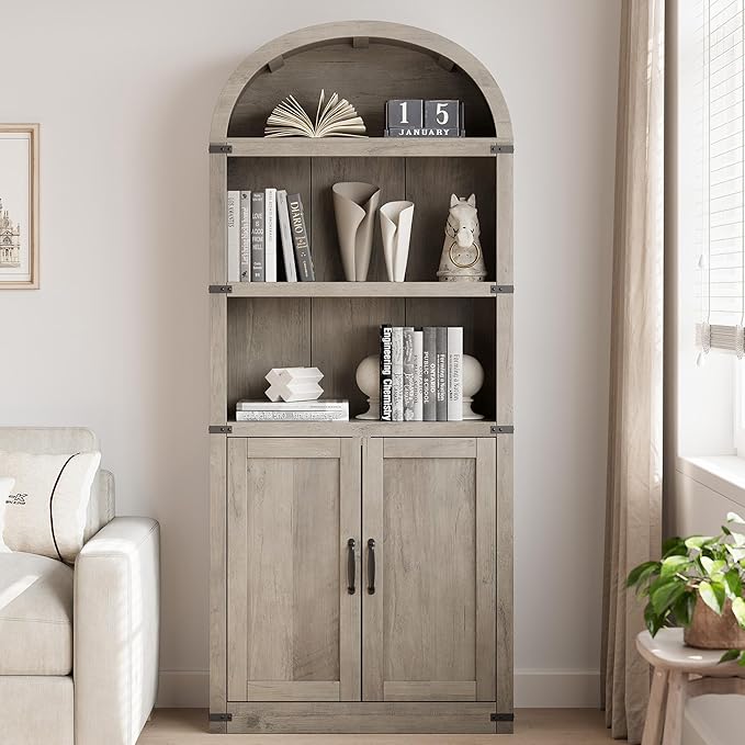 GarveeHome Bookcase with Doors Arched Bookshelf 71.65 in Tall Bookcase Farmhouse Cabinet with Shelves Wooden Bookshelves for Home Office, Living Room (Grey)