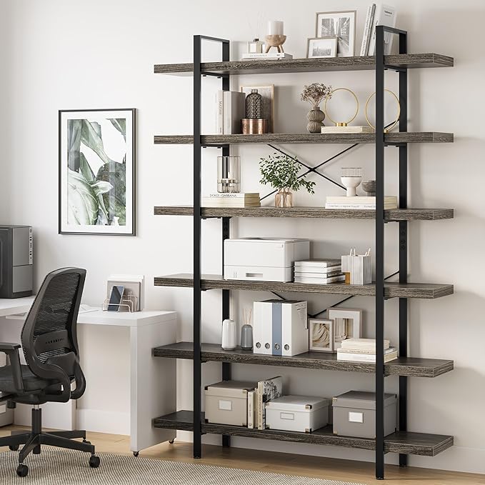 OtterOasis Bookshelf Set, Heavy Duty 6-Tier Industrial Bookcase, 47" Wide Wood Bookshelf for Home Office, 120lbs Shelf Capacity, Rustic Open Display with Horizontal Shelf for Living Room Bedroom, Grey