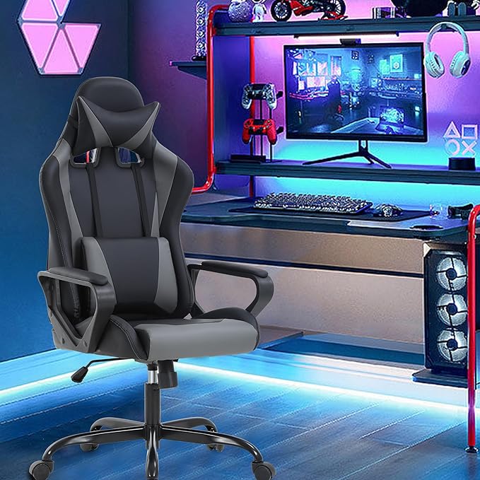 PayLessHere Ergonomic Racing Desk Chair Gaming Chair Computer Chair with Armrests 360° Swivel & Caster Pu Desk Task Chair Executive Headrest Lumbar Support for Back Pain Women Men and Adults (Grey)