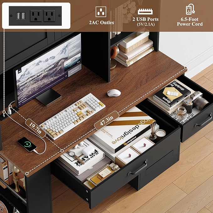 Keyluv 71" Tall Computer Desk with Hutch Cabinet, Home Office Desk with Storage Drawers Shelves and Side Rack, Wood Executive Desk with Doors, Outlet Station and Smart LED Lights, Black