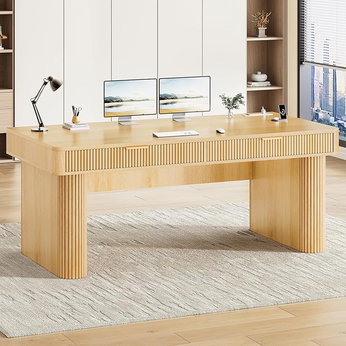 SEDETA Office Desk with 2 Drawers, 59" Fluted Computer Desk with Storage and Power Strip, Wood Executive Desk, Writing Desk for Home Office, Living Room, Bedroom, Oak