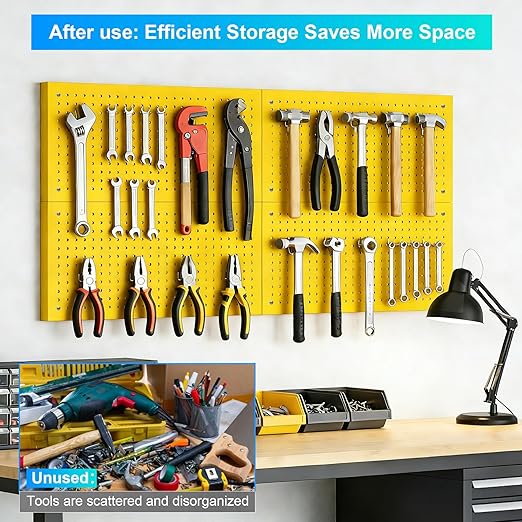 Heavy-Duty Metal Pegboard Panels 4 Pack - 24x12 Inch Reinforced Steel Wall Storage, Scratch & Rust Resistant Tool Organizer for Garage, Shed & Utility Room, Yellow
