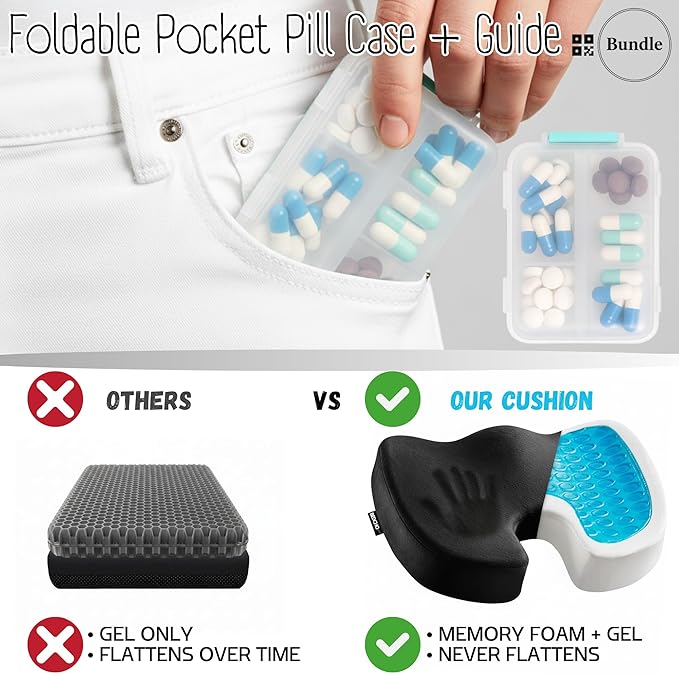 Seat Cushion For Tailbone Pain Relief – Ergonomic Gel Memory Foam Pad for Sciatica & Lower Back Support, Perfect for Office, Car, Truck, Gamer, Airplane, Wheelchair & Home, Bonus Pill Case Included