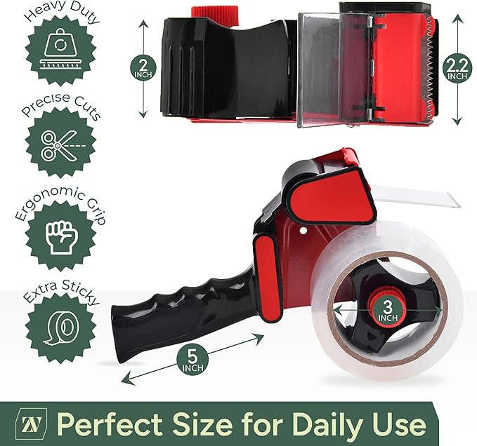 Zuvo Heavy Duty Tape Gun and Dispenser with 6 Clear Packaging Tapes. Clear Packaging Tape 44mm X 66m with Metal Tape Gun Dispenser for Moving Boxes,Warehouse Or General Packing Needs