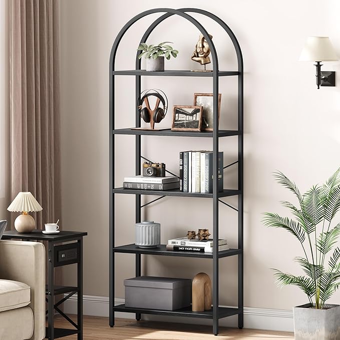 IDEALHOUSE Bookshelf 5 Tier Bookcase Arched Display Racks Tall Standing Bookshelves Metal Frame Modern Storage Rack Shelf Large Wood Book Shelf for Bedroom, Living Room, Home Office (Black)