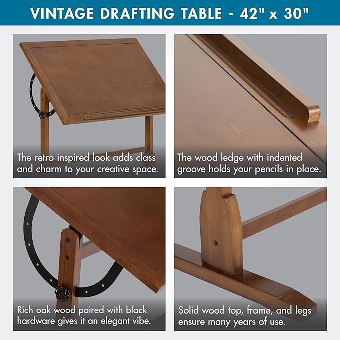 Studio Designs Vintage Drafting Table - Antique Design Solid Wood Drafting Table with Built-In Pencil Groove and Pencil Ledge - Angle Adjustable Work Surface