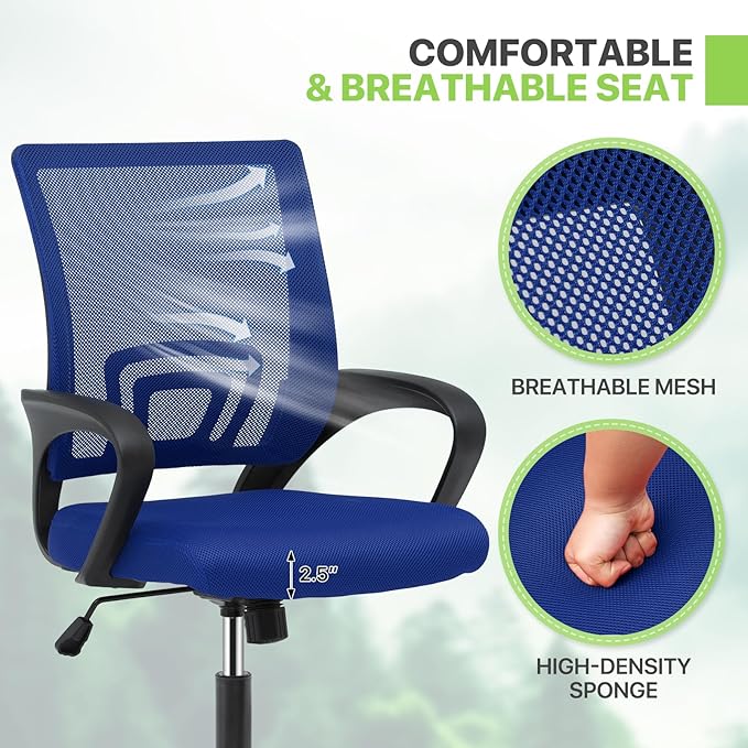 Magshion Office Chair, Ergonomic Mid-Back Mesh Desk Chair, Rolling Computer Chair with Lumbar Support & Comfy Armrests for for Gaming, Work, Study, 300 Lbs Capacity, Navy Blue