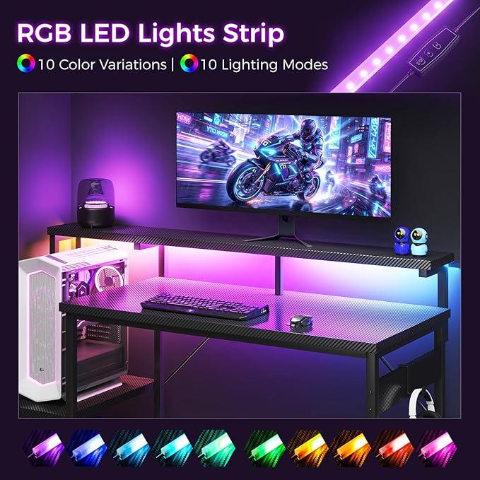 AODK Gaming Desk, 55 Inch Computer Desk with Led Lights, Office Desk with PC Tower Stand, Reversible Desk with Monitor Shelf & Headphone Hook, Carbon Fiber Black
