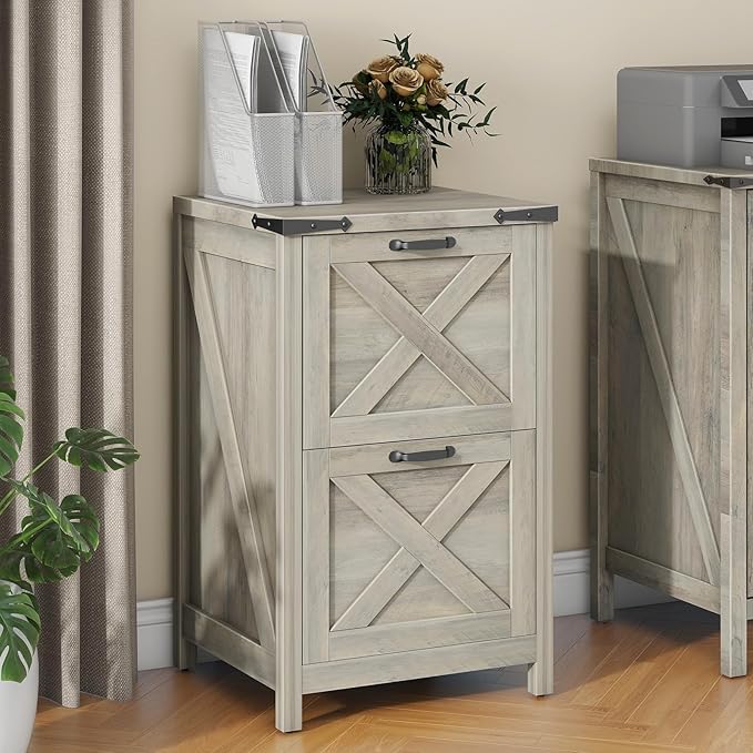 Vabches Vertical File Cabinet with 2 Drawers, Wooden Farmhouse Filing Cabinet for Letter/A4 Size Hanging Files, Under Desk Printer Stand with Storage for Home Office, Grey